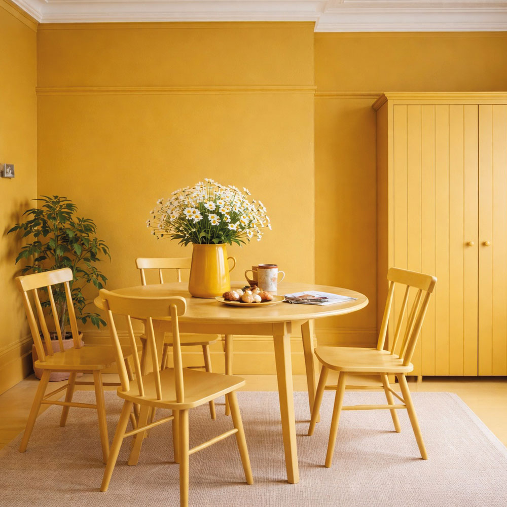 Ein Esszimmer mit gelben Wänden, gelben Möbeln und gelben Fußleisten.