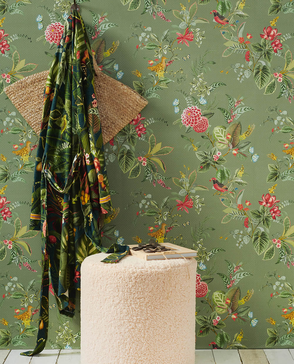 Non-woven wallpaper pale green birds flowers Pip Studio 5 300114-55-300114