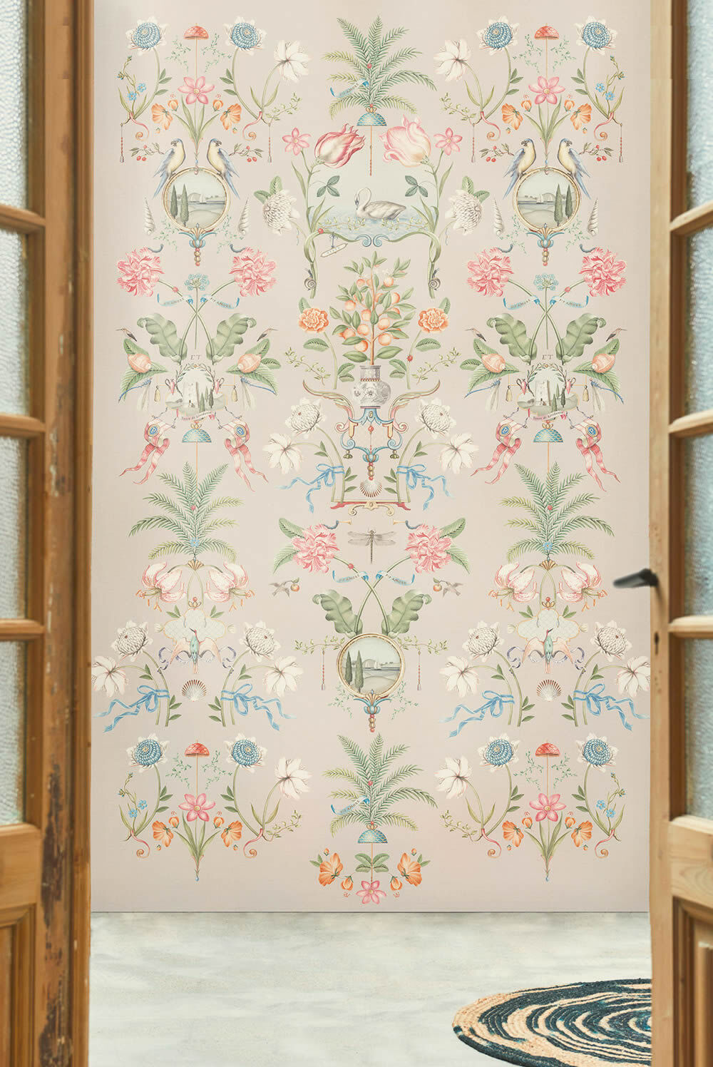 Wandbild 3 Panels Vlies Blumenranken Schwan und Vogel Blüten beige 333163