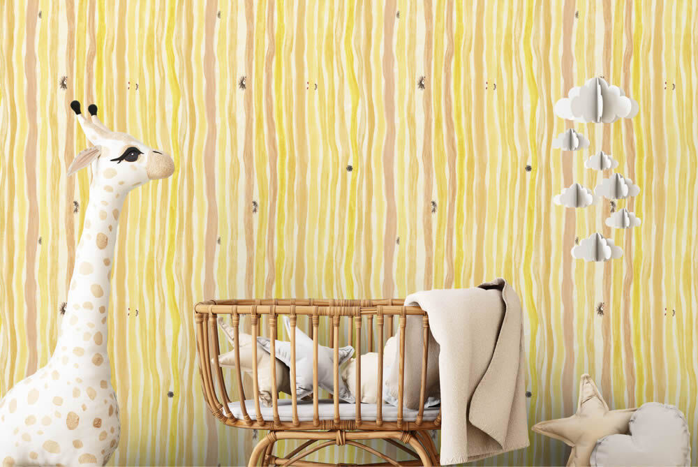 Striped wallpaper nonwoven little gnomes lemon yellow and light orange 27553-HTM