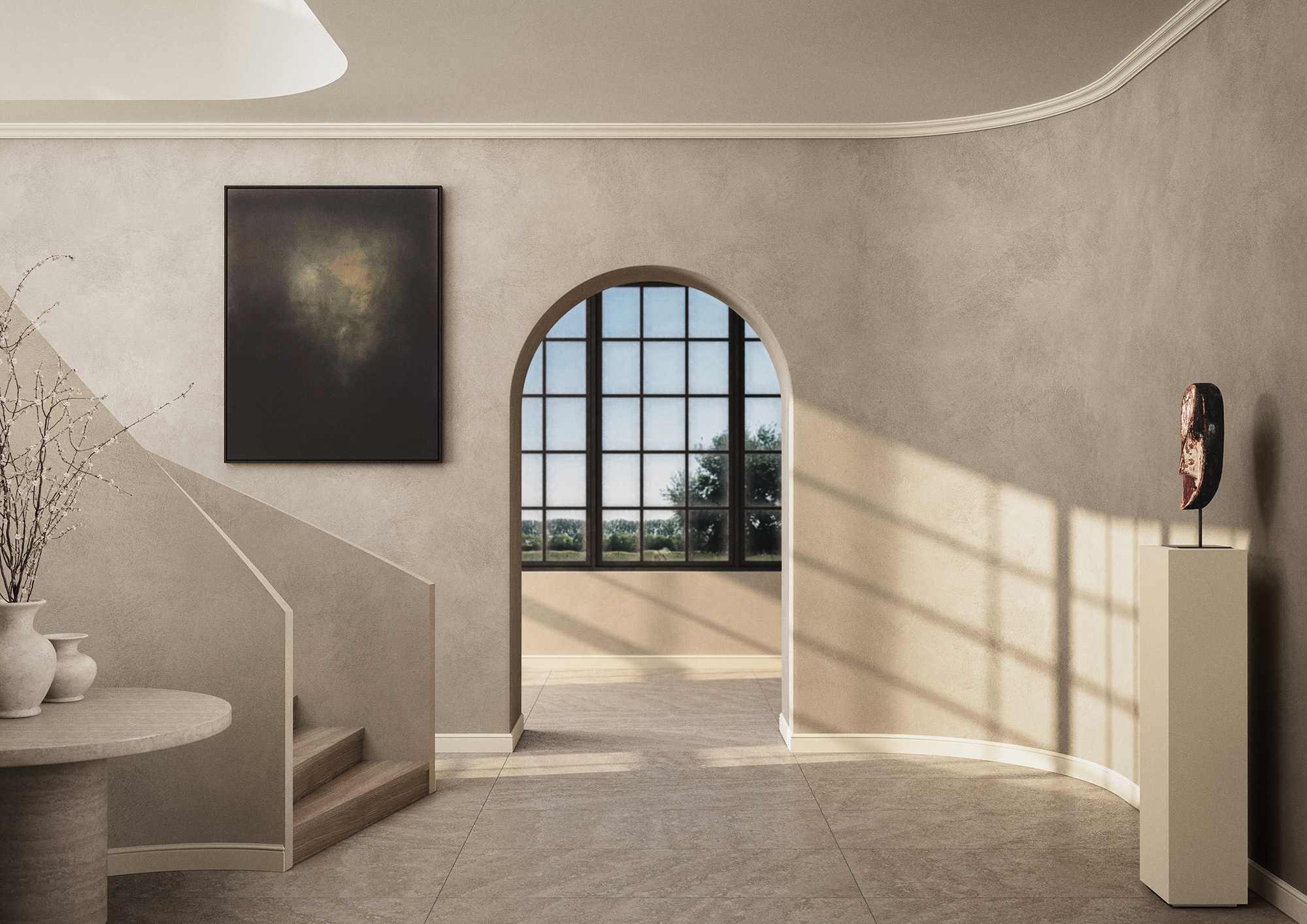 Flexible Stuckleisten in klassischer Optik für ein stilvolles Ambiente im Flur.