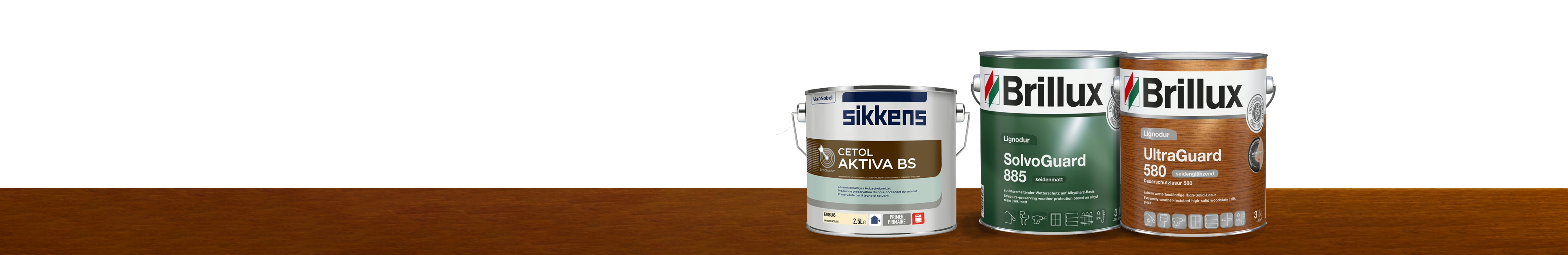 Dosen mit Holzlasur und Holzschutz von Sikkens und Brillux - geeignet für Außenholz und Haustüren