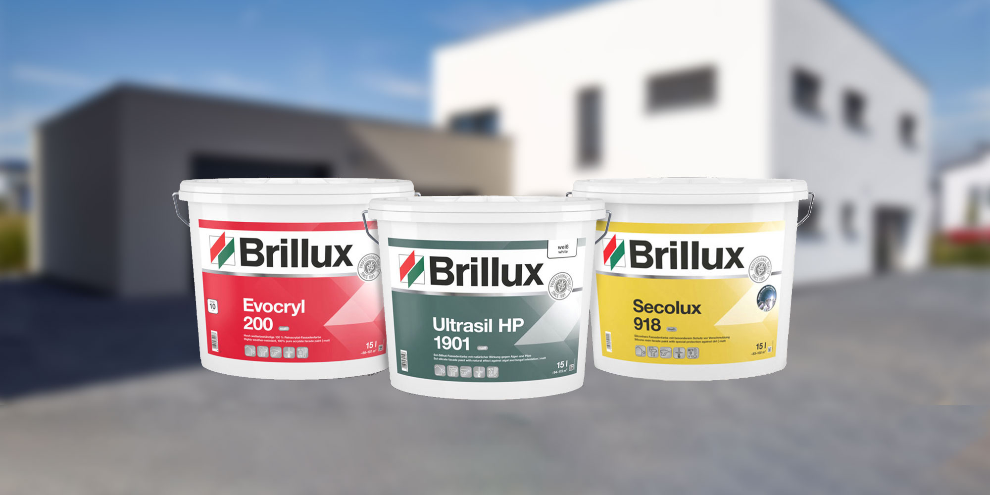 Mobile Headergrafik mit Brillux Fassadenfarben vor unscharfem Haus - Evocryl 200, Ultrasil HP 1901 und Secolux 918