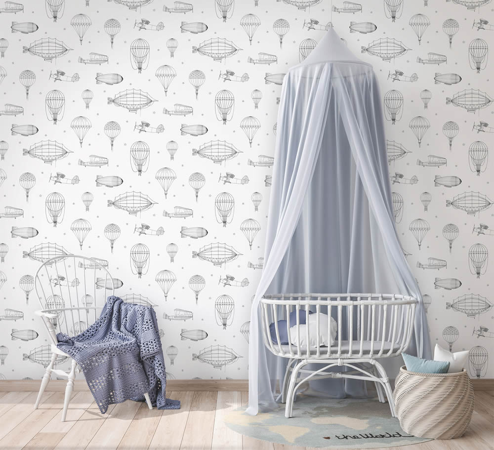 Sterne Fallschirmspringer Zeppelin Tapete weiß und schwarz Kids Walls 45827