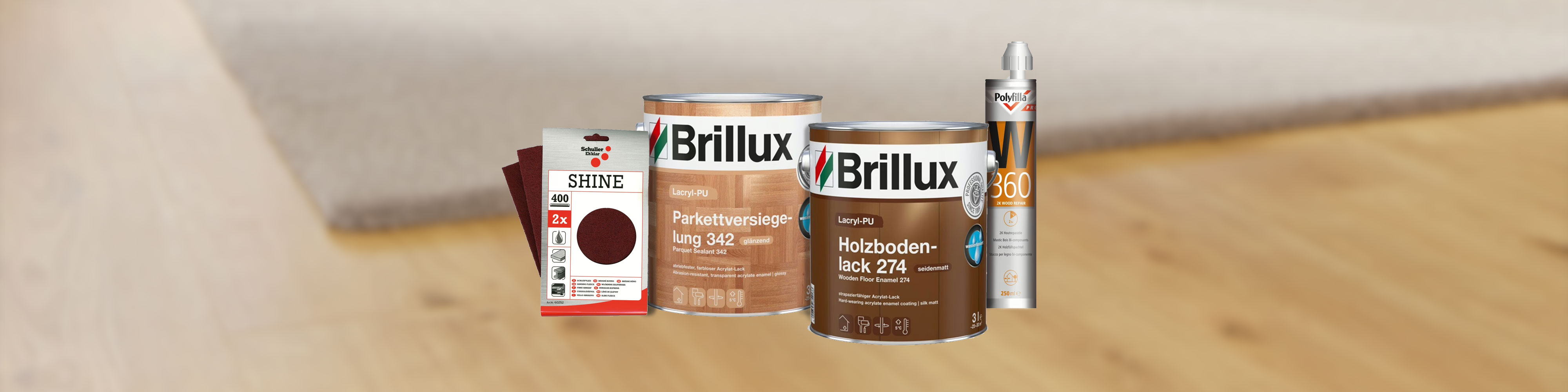 Produktgruppe für Bodenpflege und Schutz auf Holzboden - Versiegelung, Lack und Reparaturmaterial