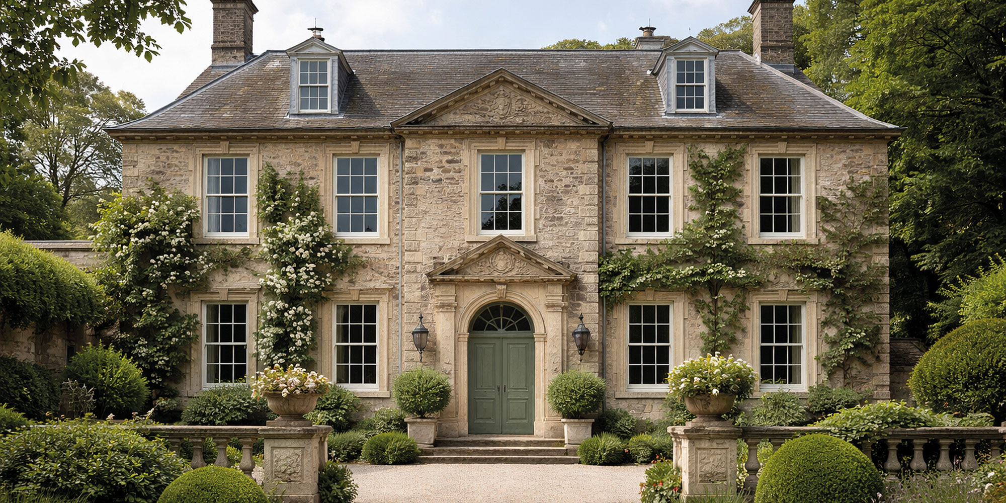 Historisches Steingebäude mit mit einer grünen Haustür und einem stilvollen Vorgarten.