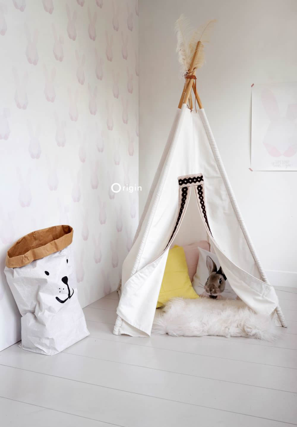 Hell-Rosa Origami Hasen Vliestapete