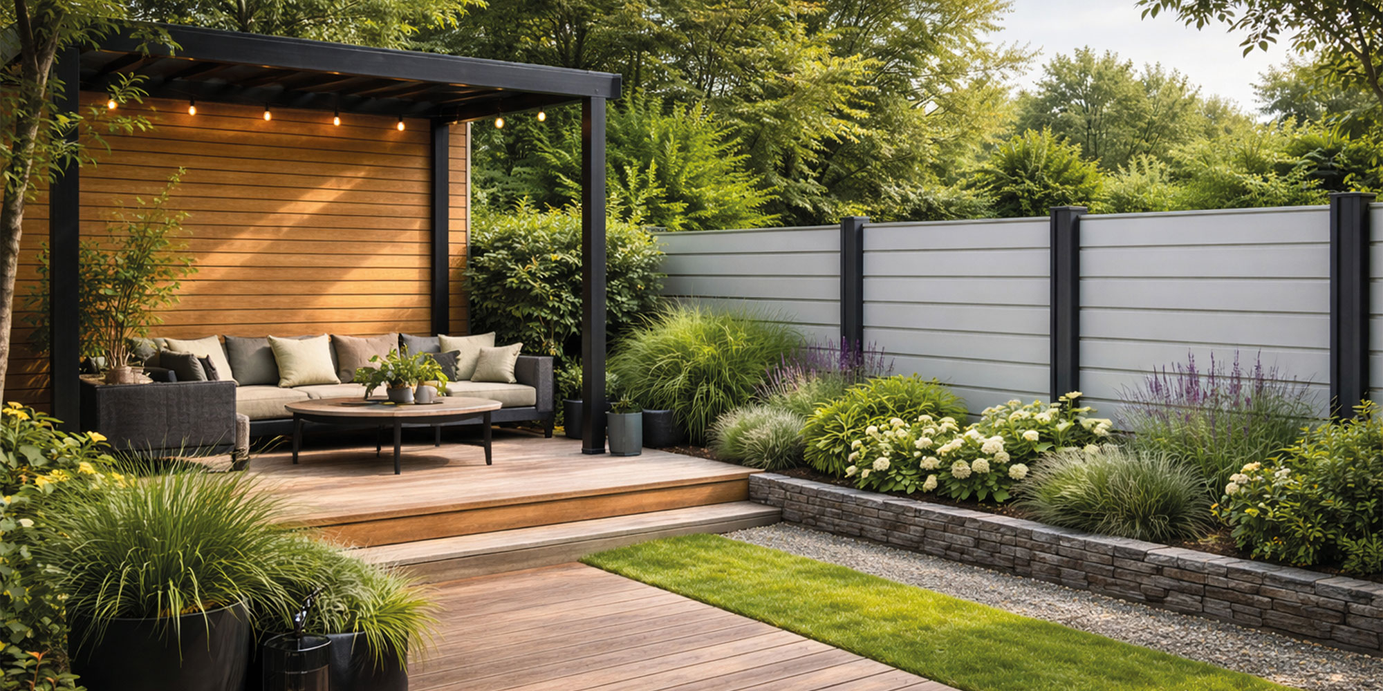 Ein moderner Garten mit einem überdachtem Sitzbereich und einem Holzzaun.