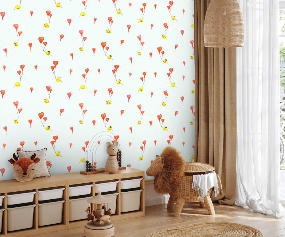 Smiley wallpaper nonwoven smooth and glossy mint with red hearts 27554-HTM