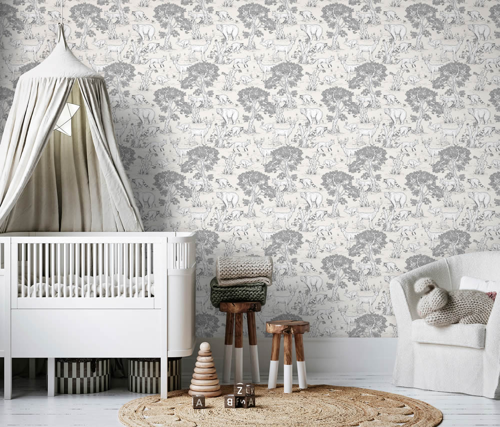 Waldtiere Tapete Bäume gezeichnet Beige grau Kids Walls Marburg 45809