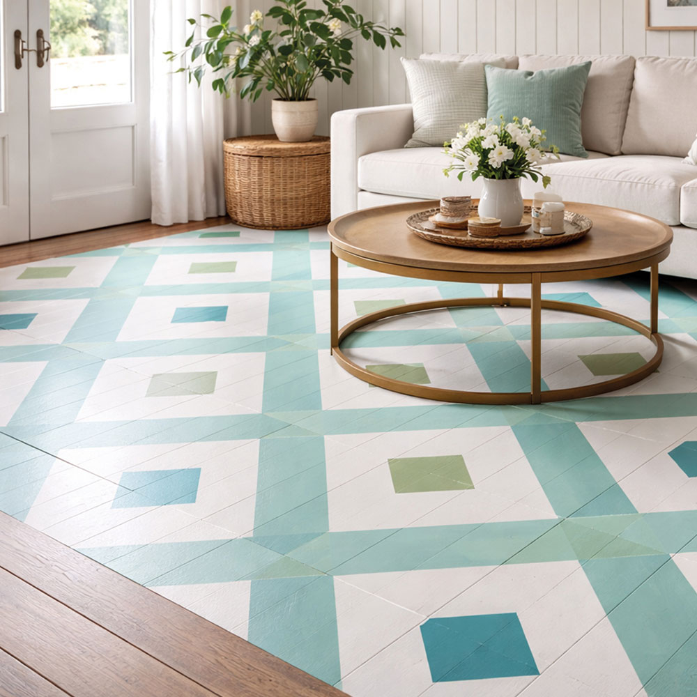 Ein gemütliches Wohnzimmer mit einem farblich gestrichenen Holzboden mit grafischem Muster