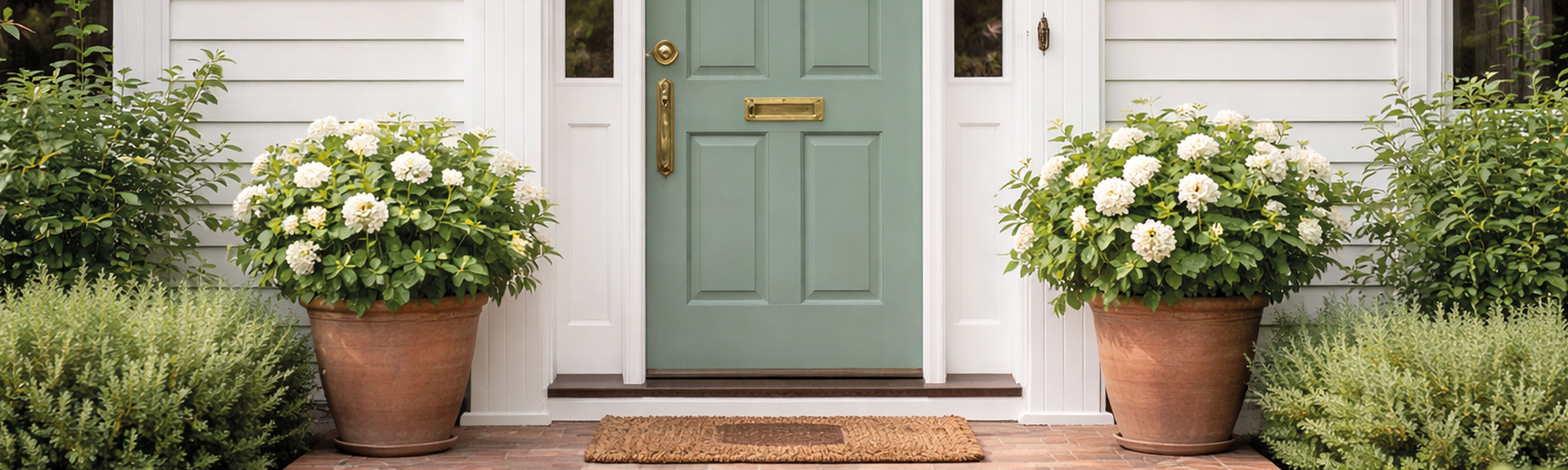 Ein freundlicher Hauseingang eines weißen Hauses mit einer grünen Holzhaustür.