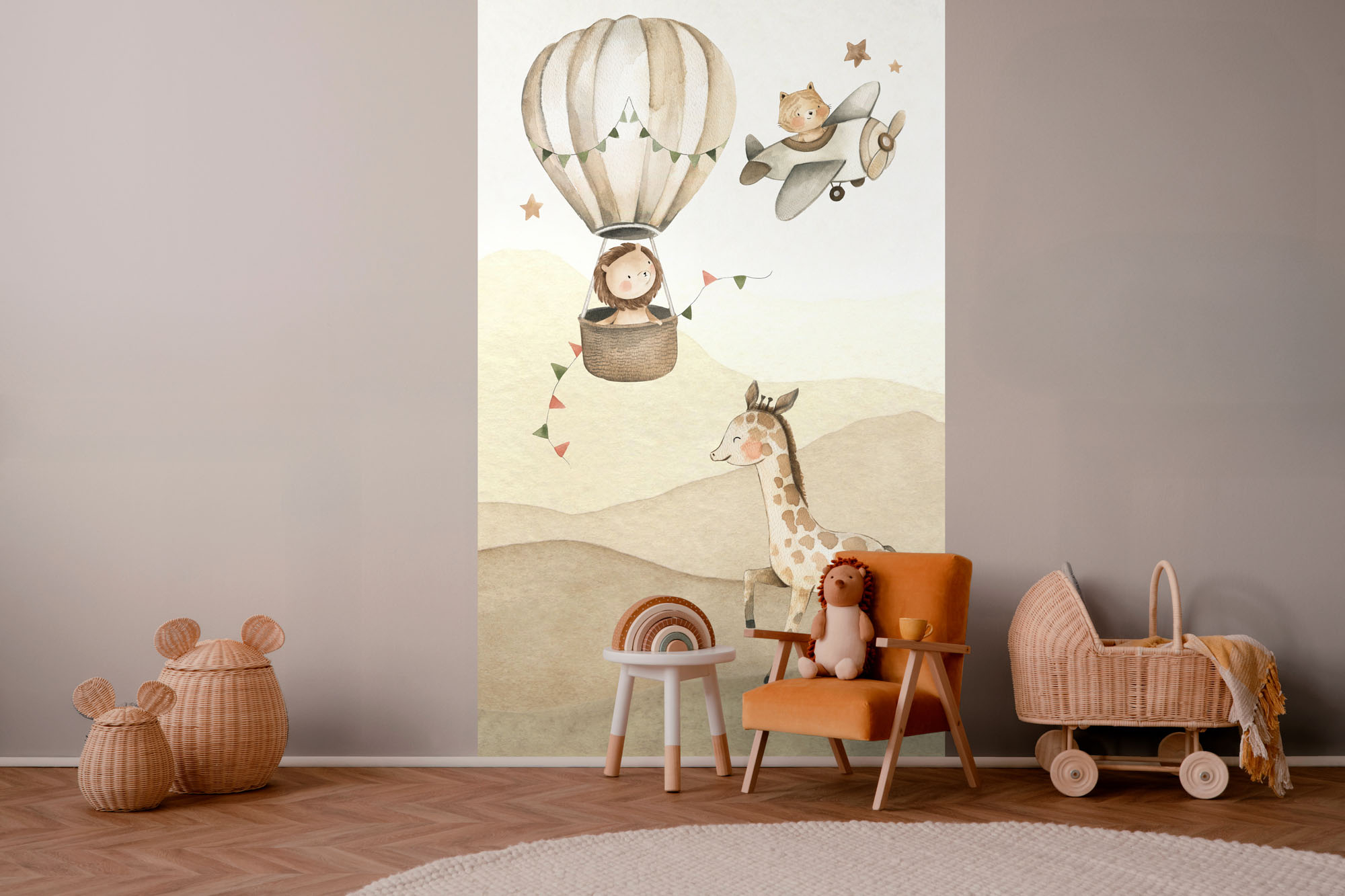 Tier Wandbild glücklicher Löwe im Heißluftballon Vlies 3 Bahnen