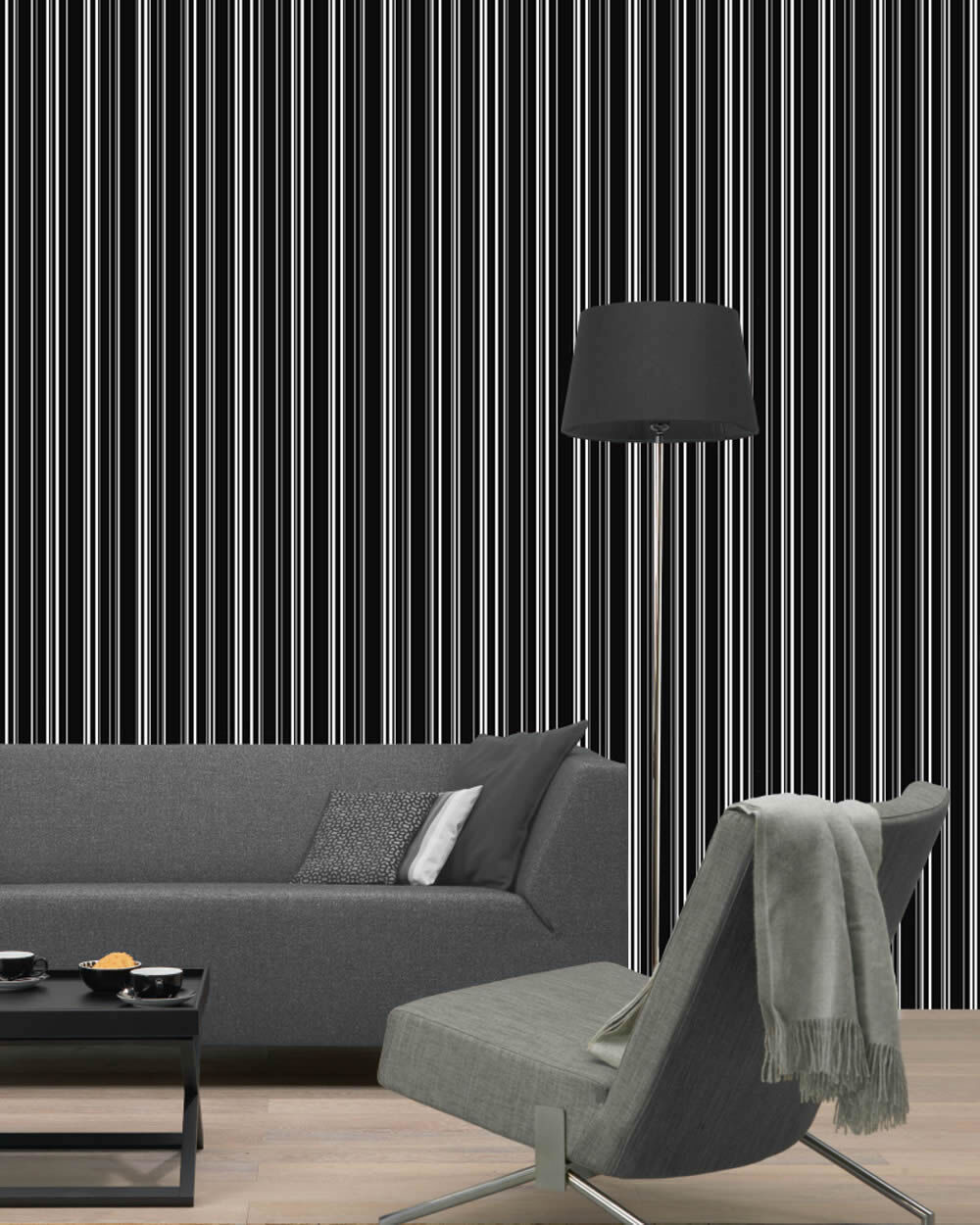 Non-woven wallpaper stripes black white