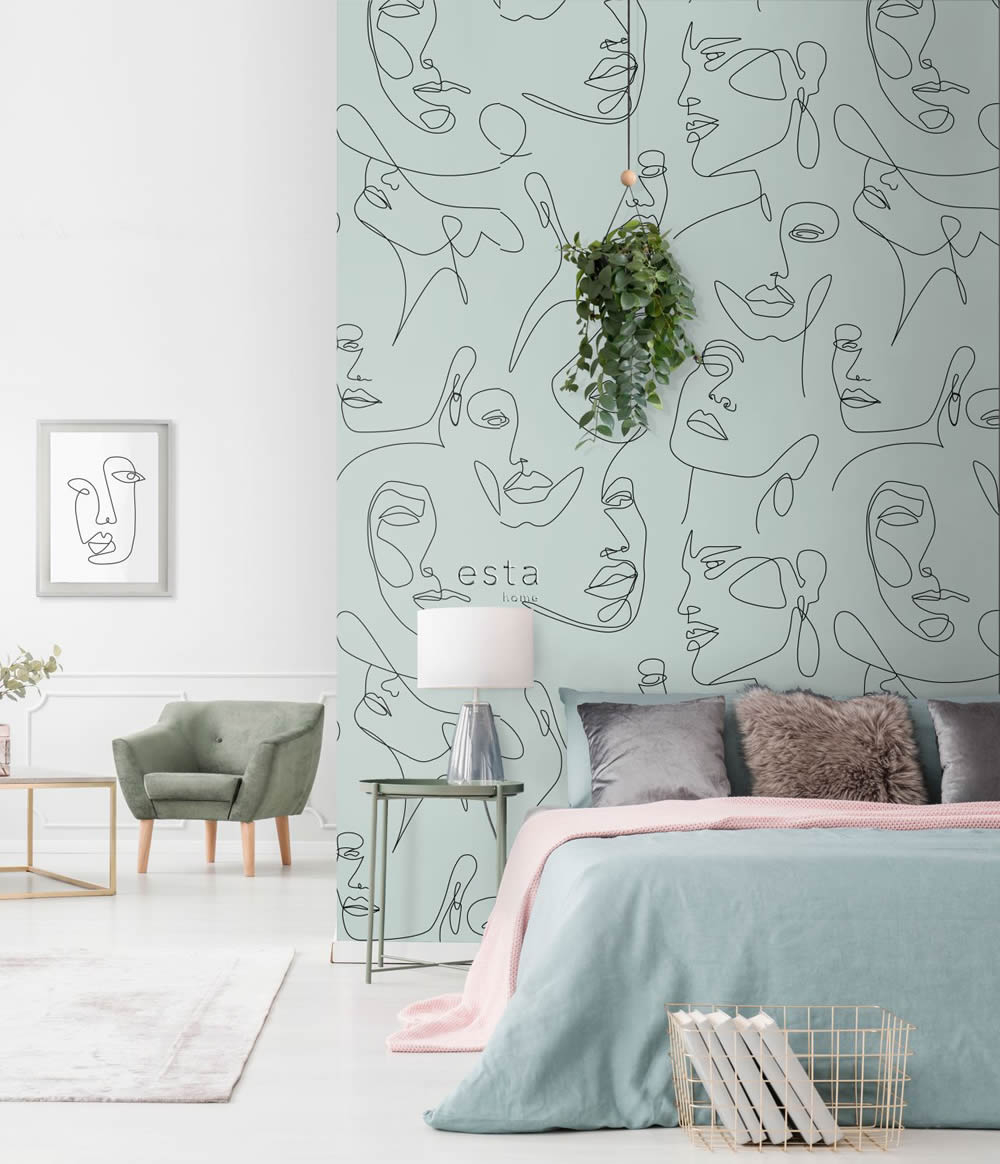 Line Art Wandbild Gesichter graugrün 150 x 279 cm 158957