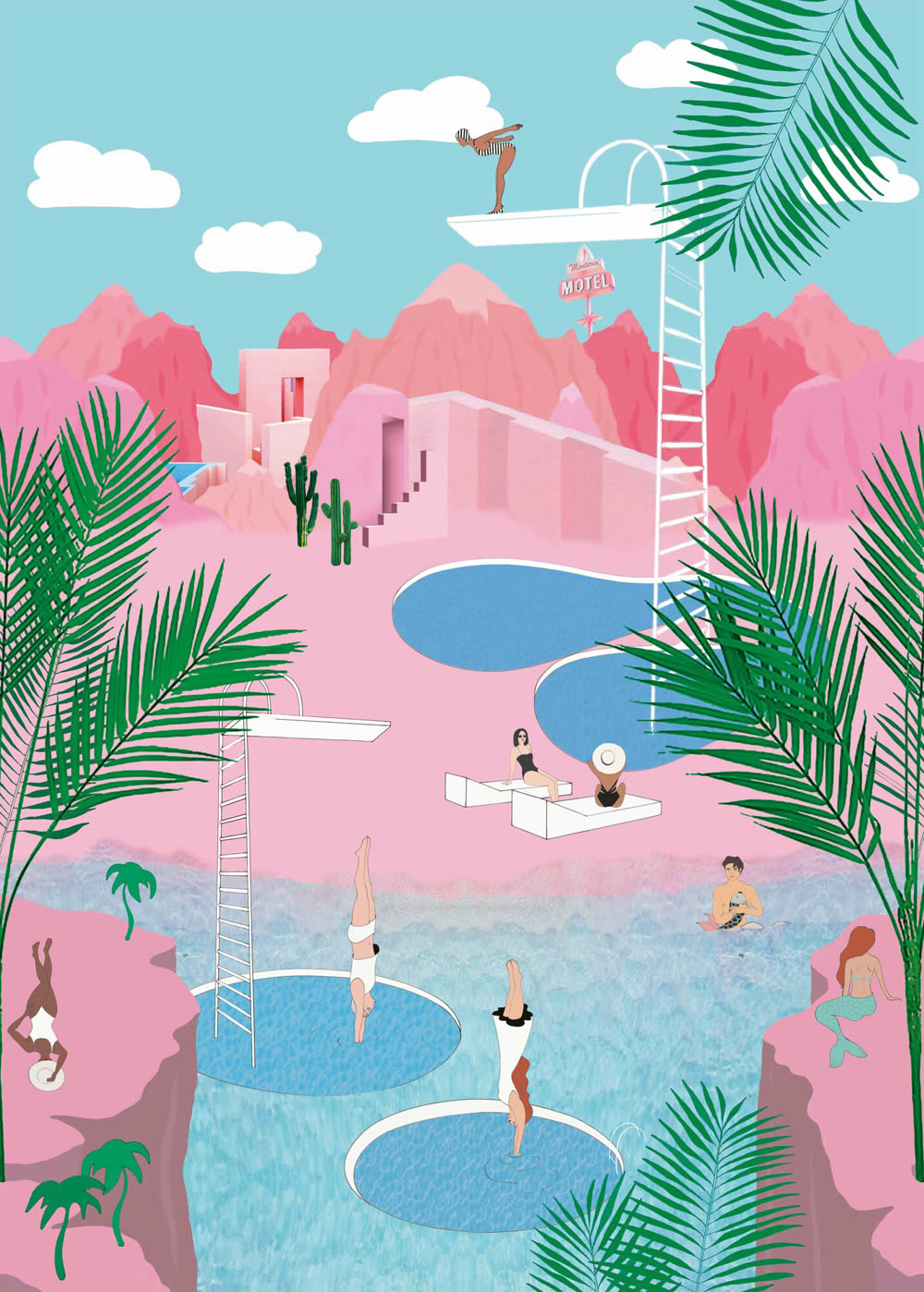 Wandbild Wasser Berge Schwimmbad Freibad abstrakt Wüste Blau pink 557596