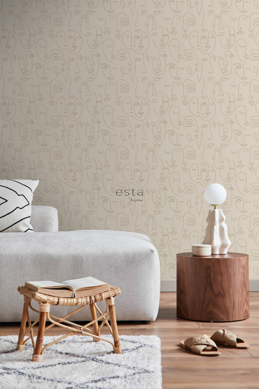 Non-woven wallpaper abstract faces line art beige 139374