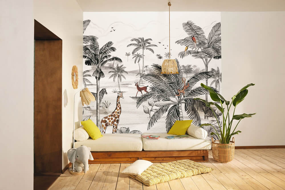 Mural S non-woven safari landscape giraffe zebra black white Les Minis Mondes Caselio MNM105789007