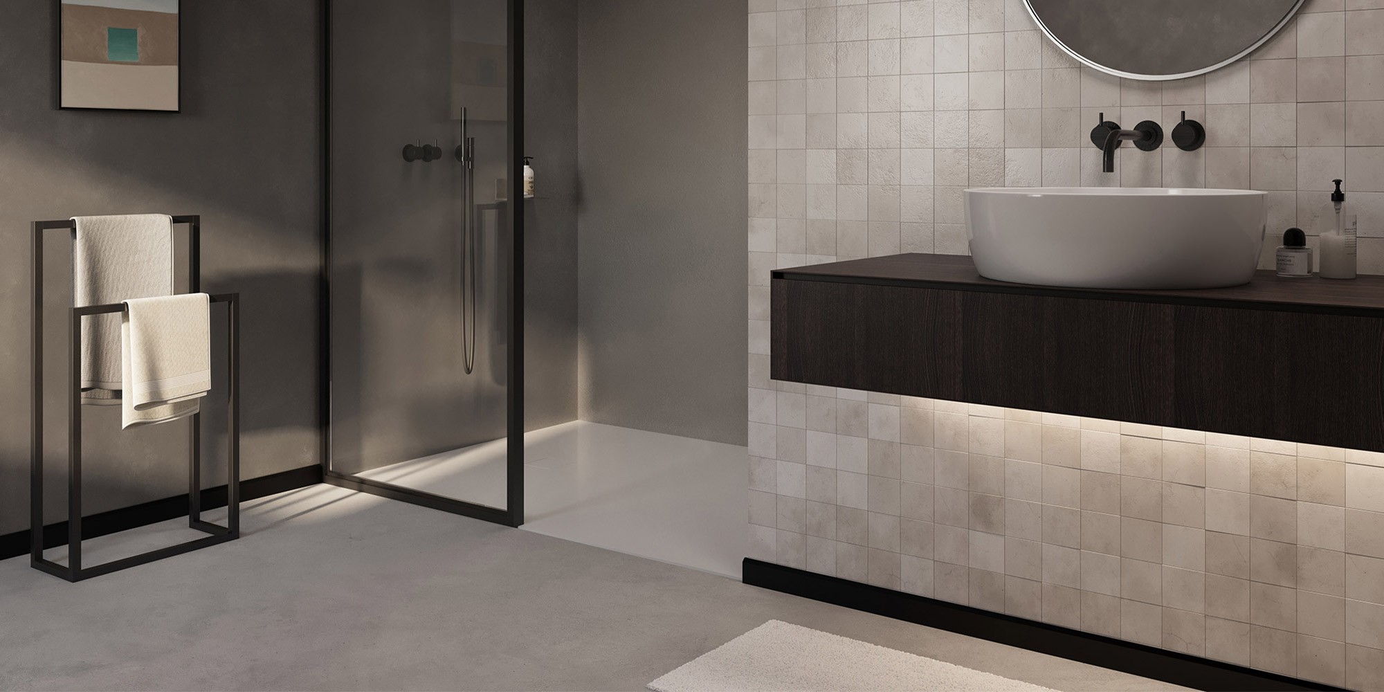 Schwarze Stuckleisten für besondere Akzente in einem modernen Badezimmer.