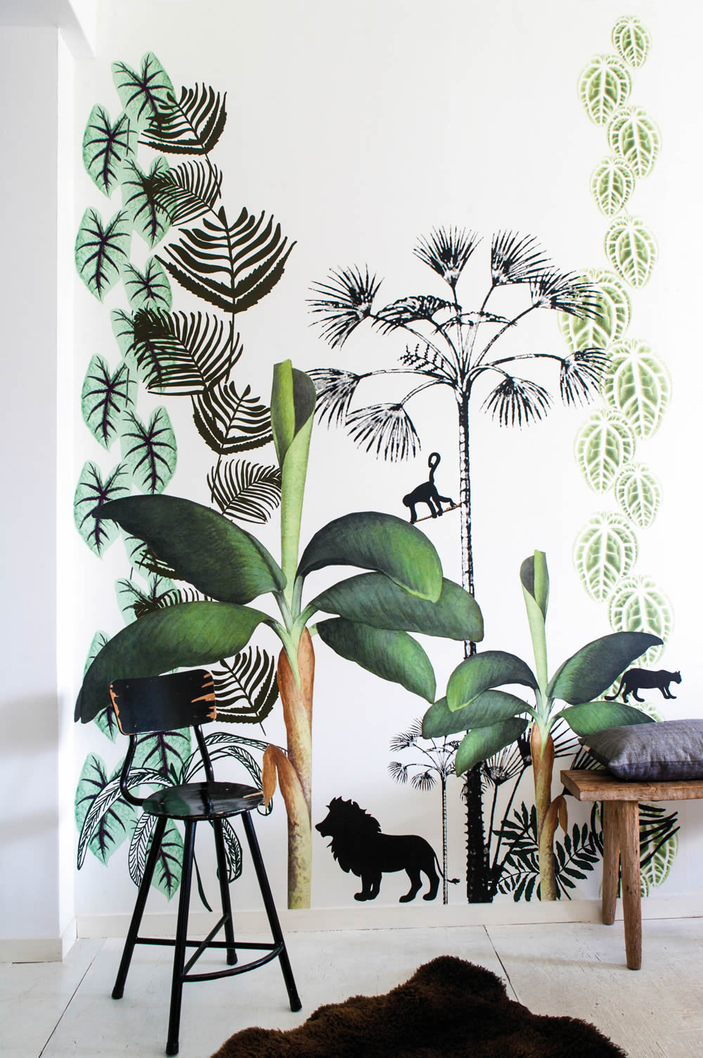 Wandbild Dschungel Tiere Löwe Affe Urwald Tiere weiß grün 532067