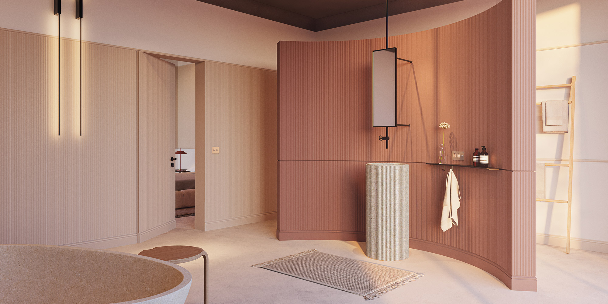 Wasserfeste Paneele für das Badezimmer gestalten die Wände und den abgerundeten Duschbereich.